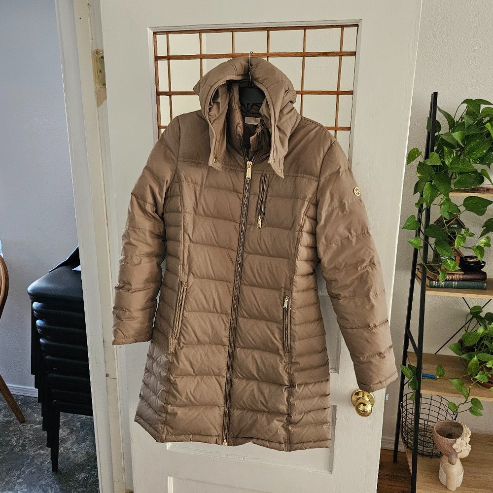 Womens Michael Kors Puffer Jacket w/ Detachable Hood Tan Taupe Medium